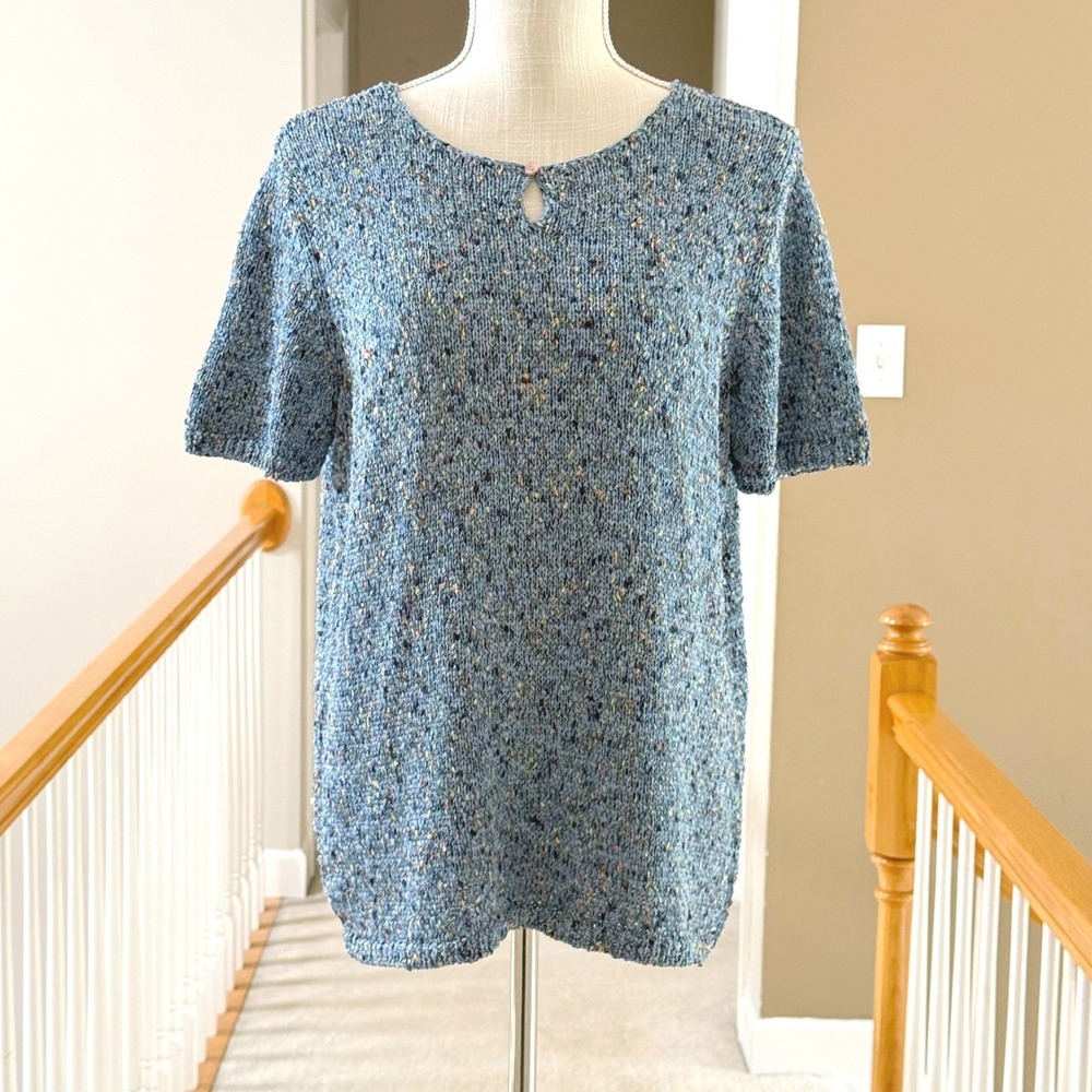 JH Collectibles Blue Marled Knit Short Sleeve Keyhole Sweater Top Womens Large